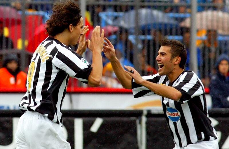 Juventus’ Ibrahimovic celebrates goal with Mutu during Italian Serie A soccer match against Lecce in Lecce