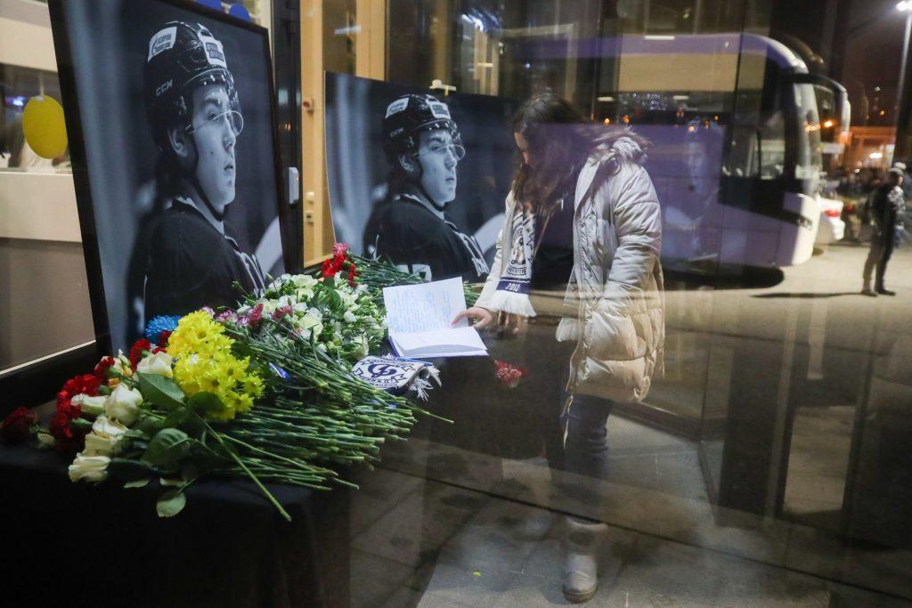 Makeshift memorial to late Junior Hockey League player Timur Faizutdinov in St Petersburg