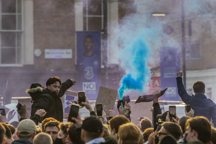 Chelsea fans gather outside the Football Club to protest them joining the planned European Super League., Stamford Bridge, London, UK - 20 Apr 2021